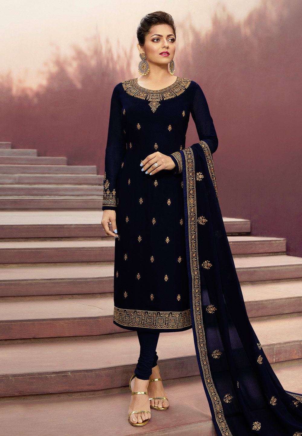 Drashti Dhami Navy Blue Georgette Embroidered Bollywood Suit 179905