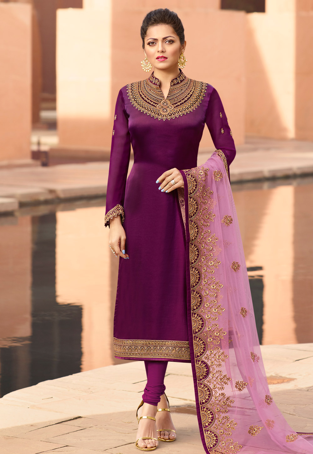 Drashti Dhami Purple Satin Embroidered Bollywood Suit 179908