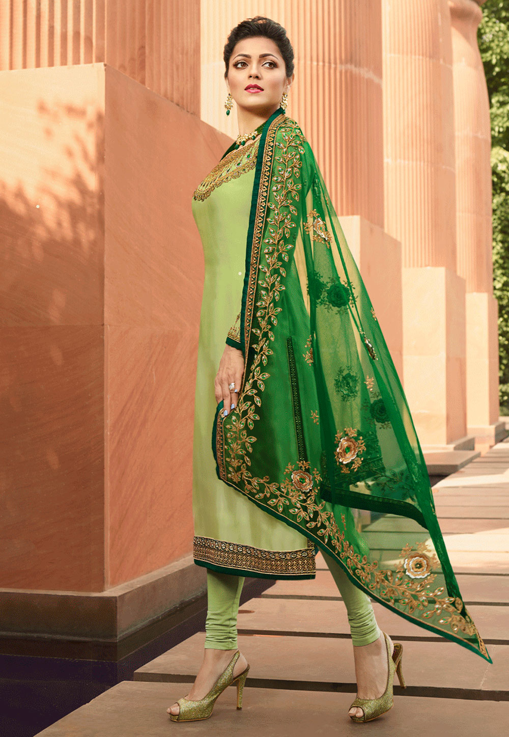 Drashti Dhami Light Green Satin Embroidered Churidar Suit 179909