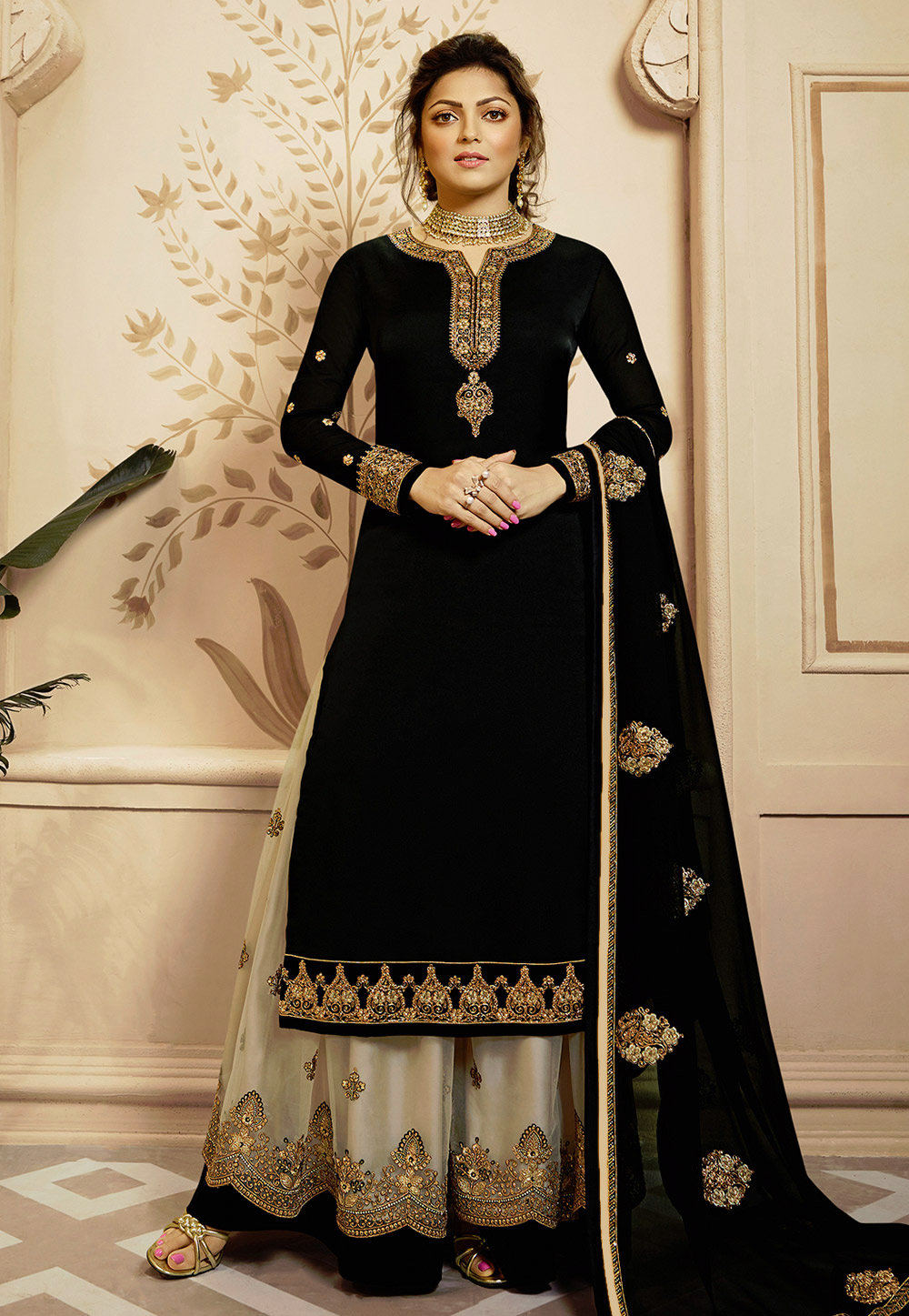 Drashti Dhami Black Georgette Palazzo Style Suit 189653