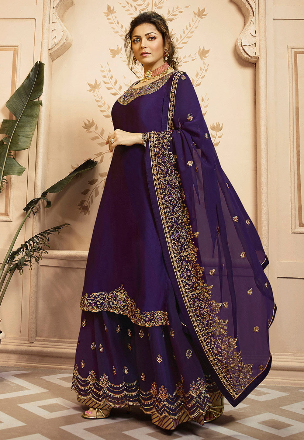 Drashti Dhami Purple Georgette Palazzo Style Suit 189657