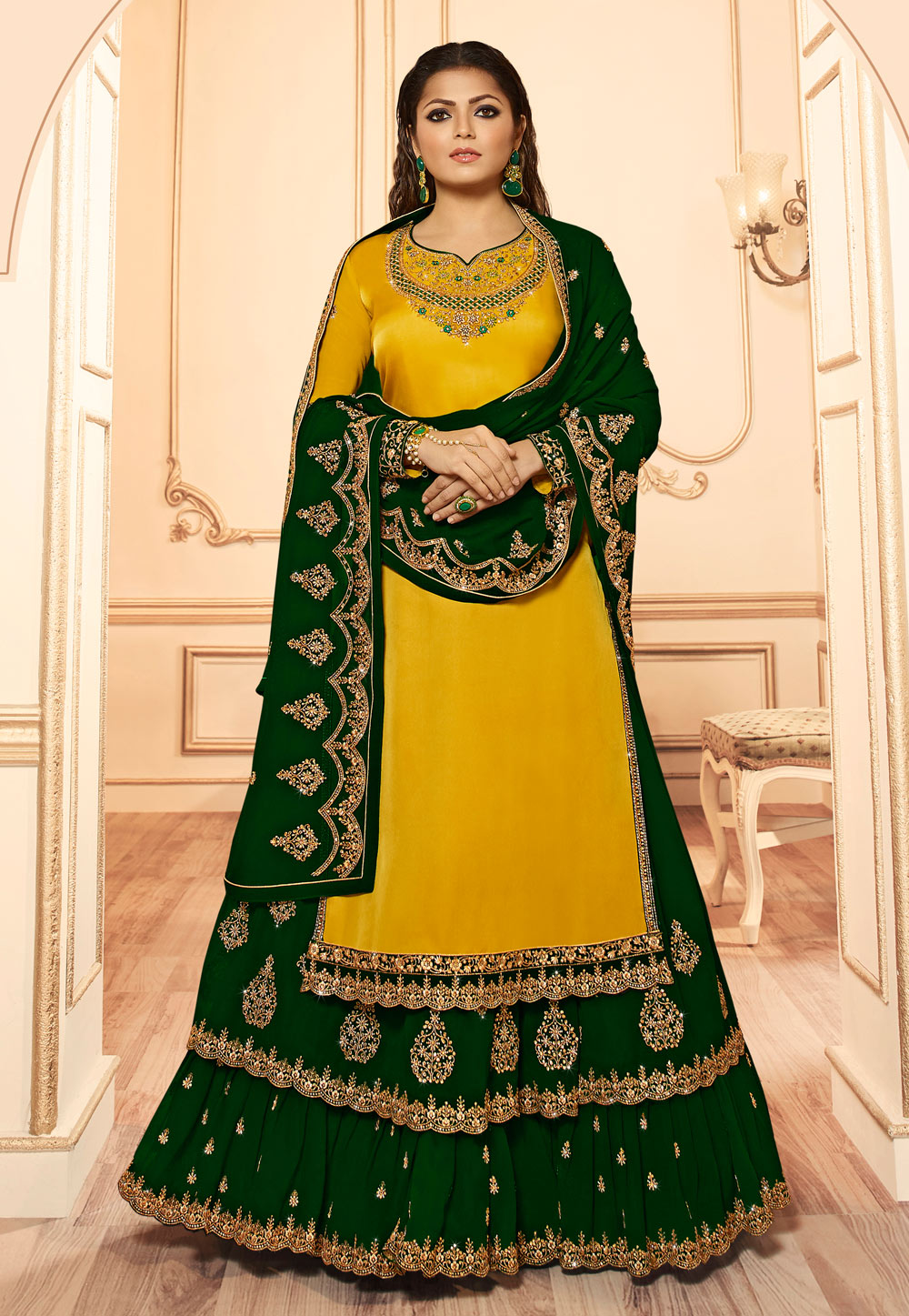 Drashti Dhami Yellow Georgette Long Choli Lehenga 190306