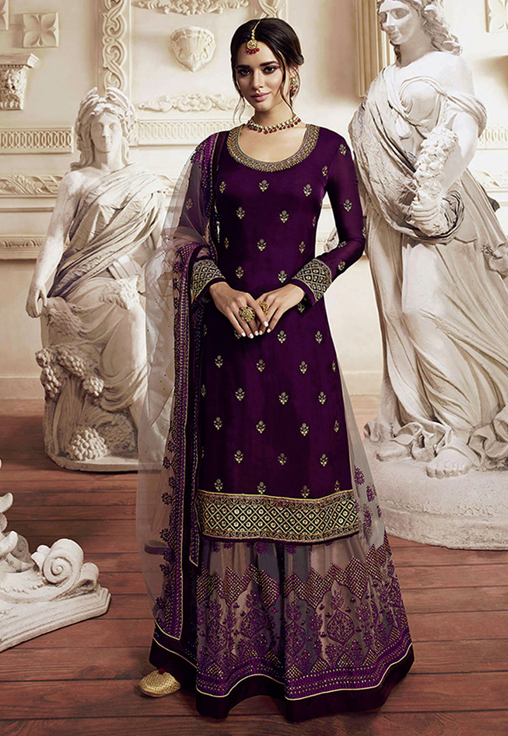 Purple Georgette Embroidered Palazzo Suit 198452