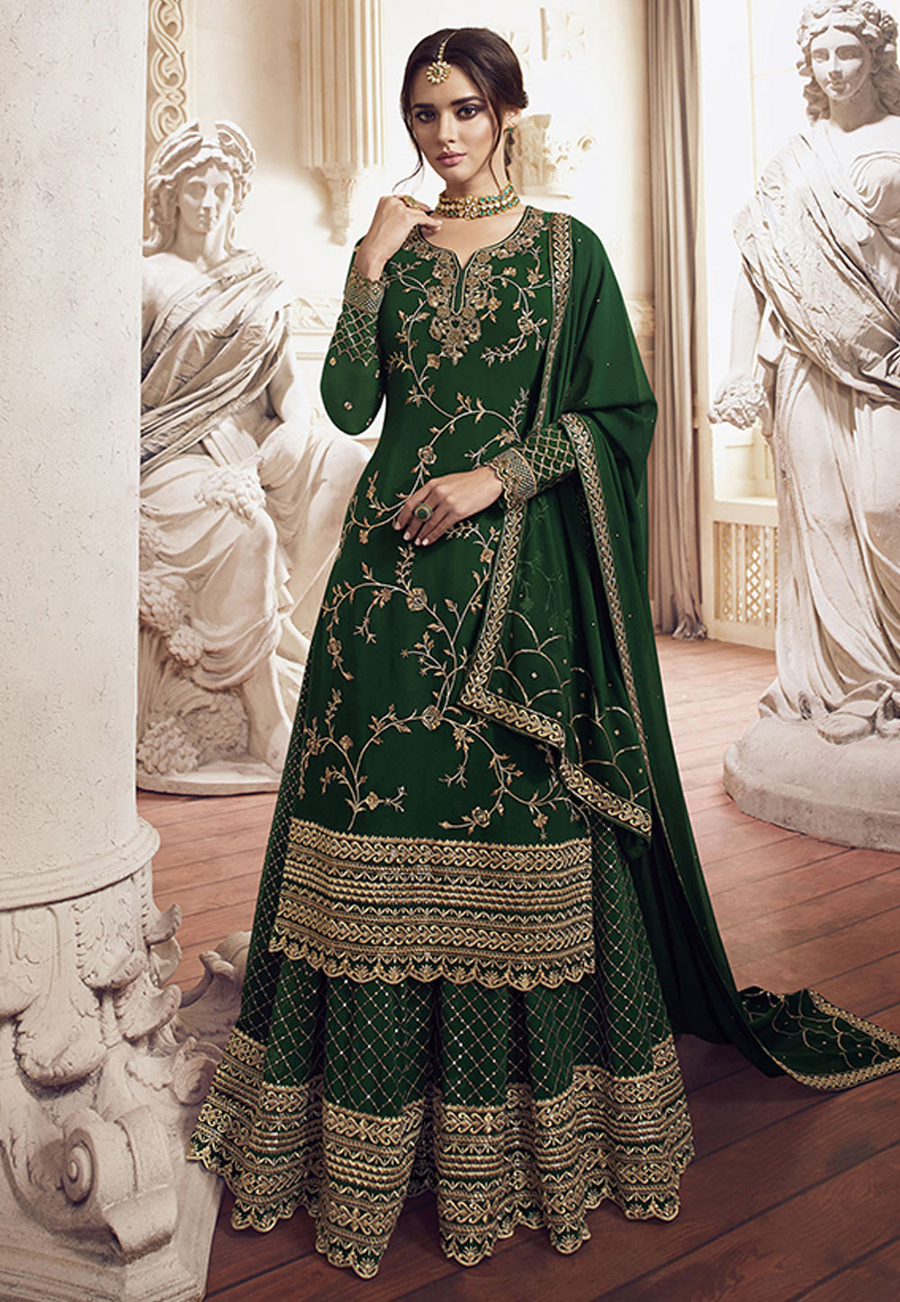 Green Georgette Embroidered Kameez With Palazzo 198453