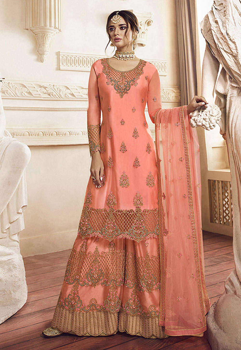 Peach Net Embroidered Palazzo Suit 198454