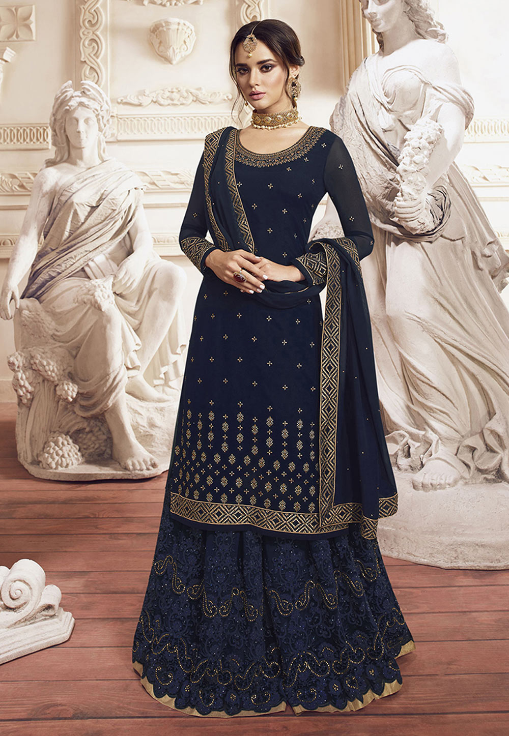 Navy Blue Georgette Embroidered Kameez With Palazzo 198455