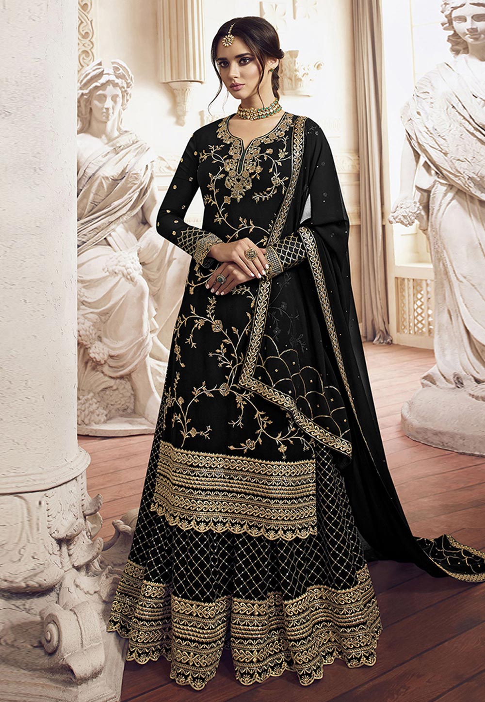 Black Georgette Embroidered Kameez With Palazzo 198457