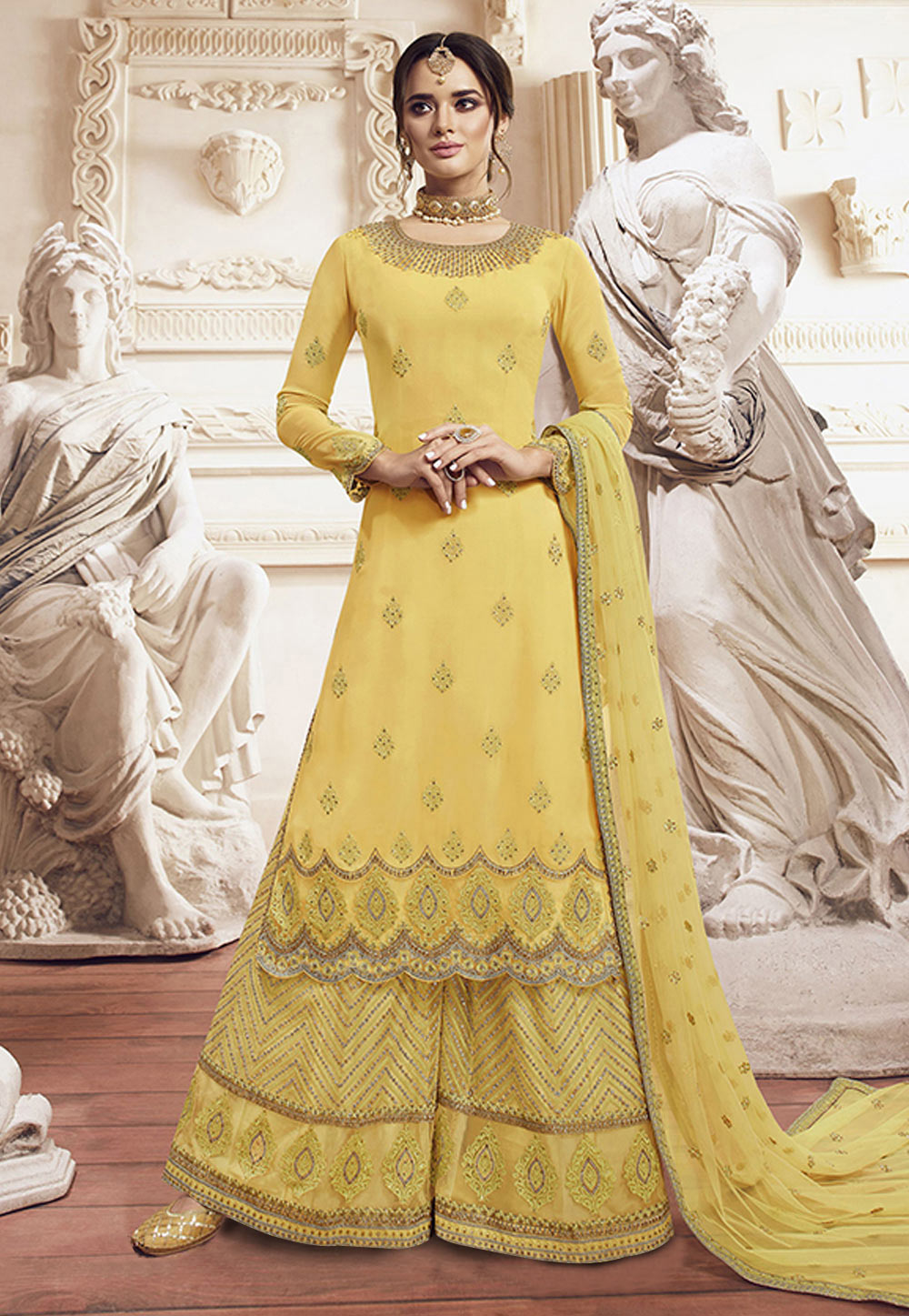 Yellow Georgette Embroidered Palazzo Suit 198458