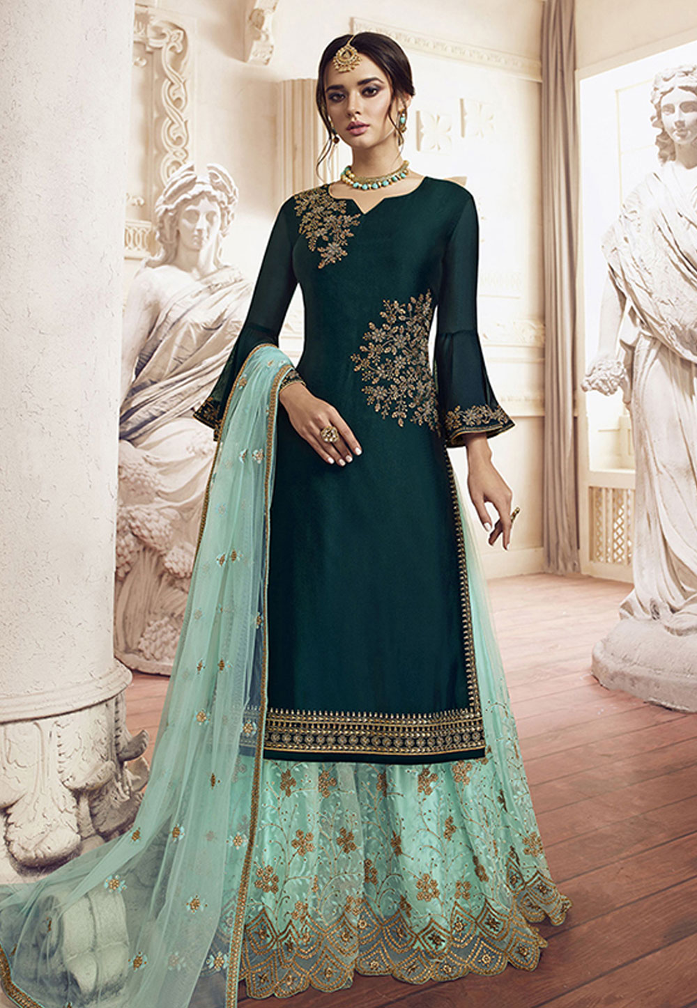 Teal Green Silk Embroidered Kameez With Palazzo 198459