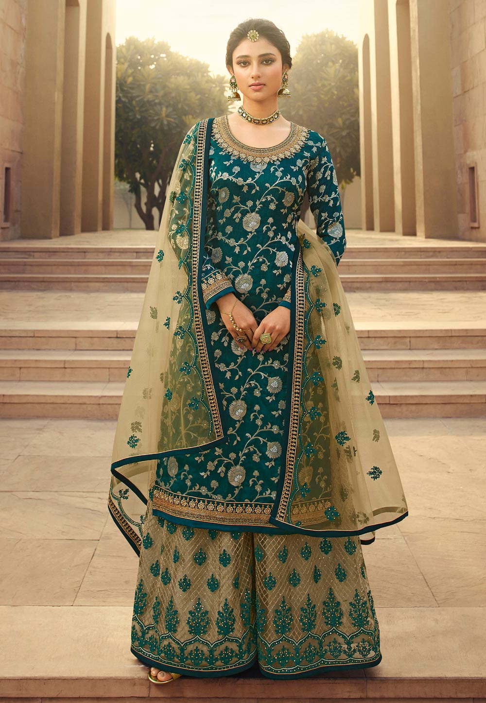 Teal Jacquard Silk Embroidered Kameez With Palazzo 227268