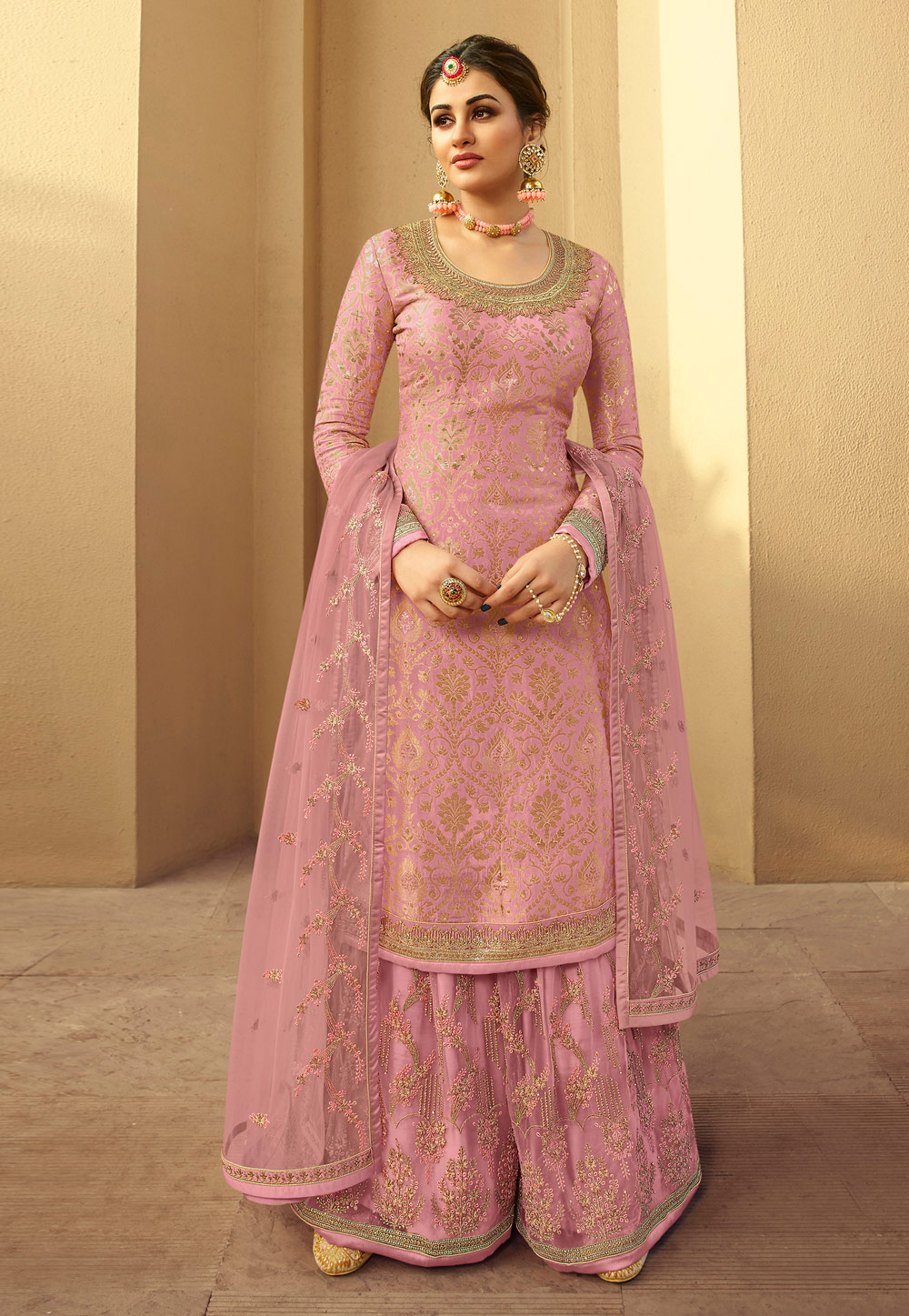 Pink Jacquard Silk Embroidered Kameez With Palazzo 227269