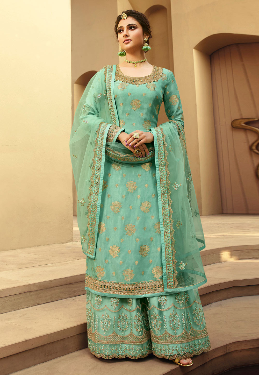Sea Green Jacquard Silk Embroidered Kameez With Palazzo 227270
