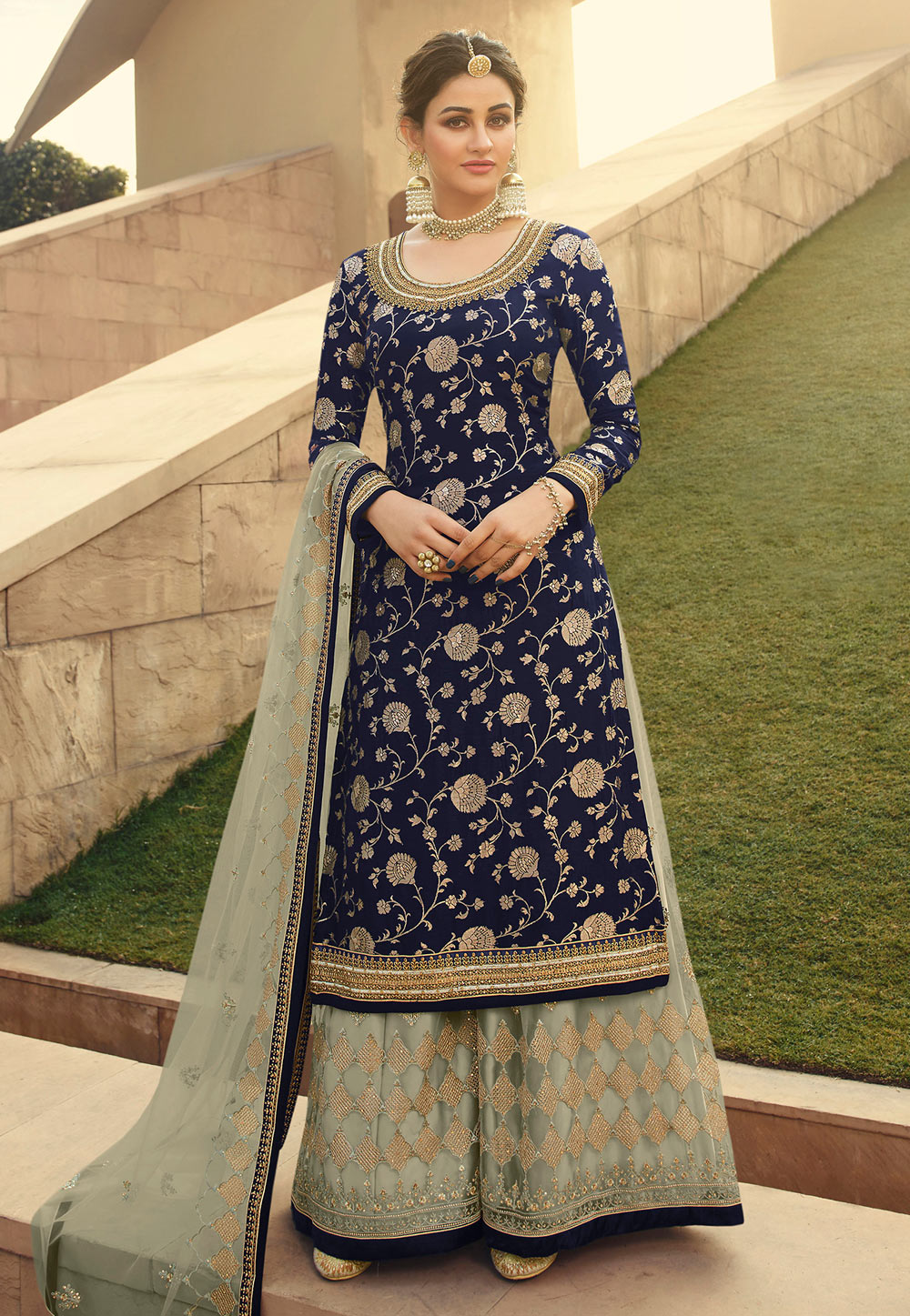 Navy Blue Jacquard Silk Embroidered Kameez With Palazzo 227271