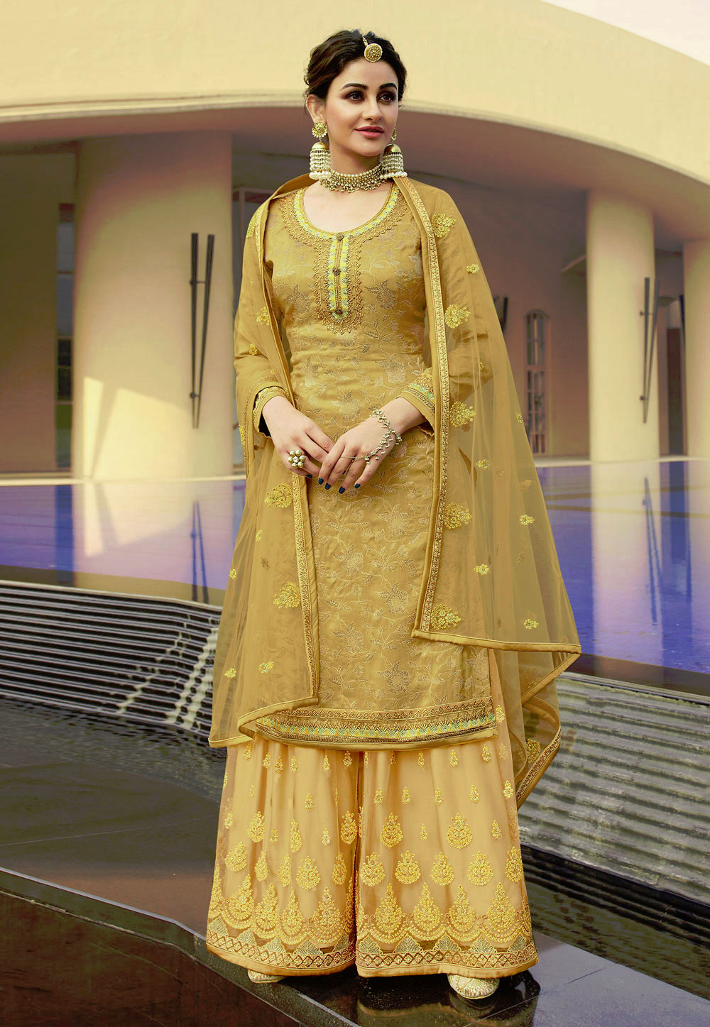 Golden Jacquard Silk Embroidered Kameez With Palazzo 227272