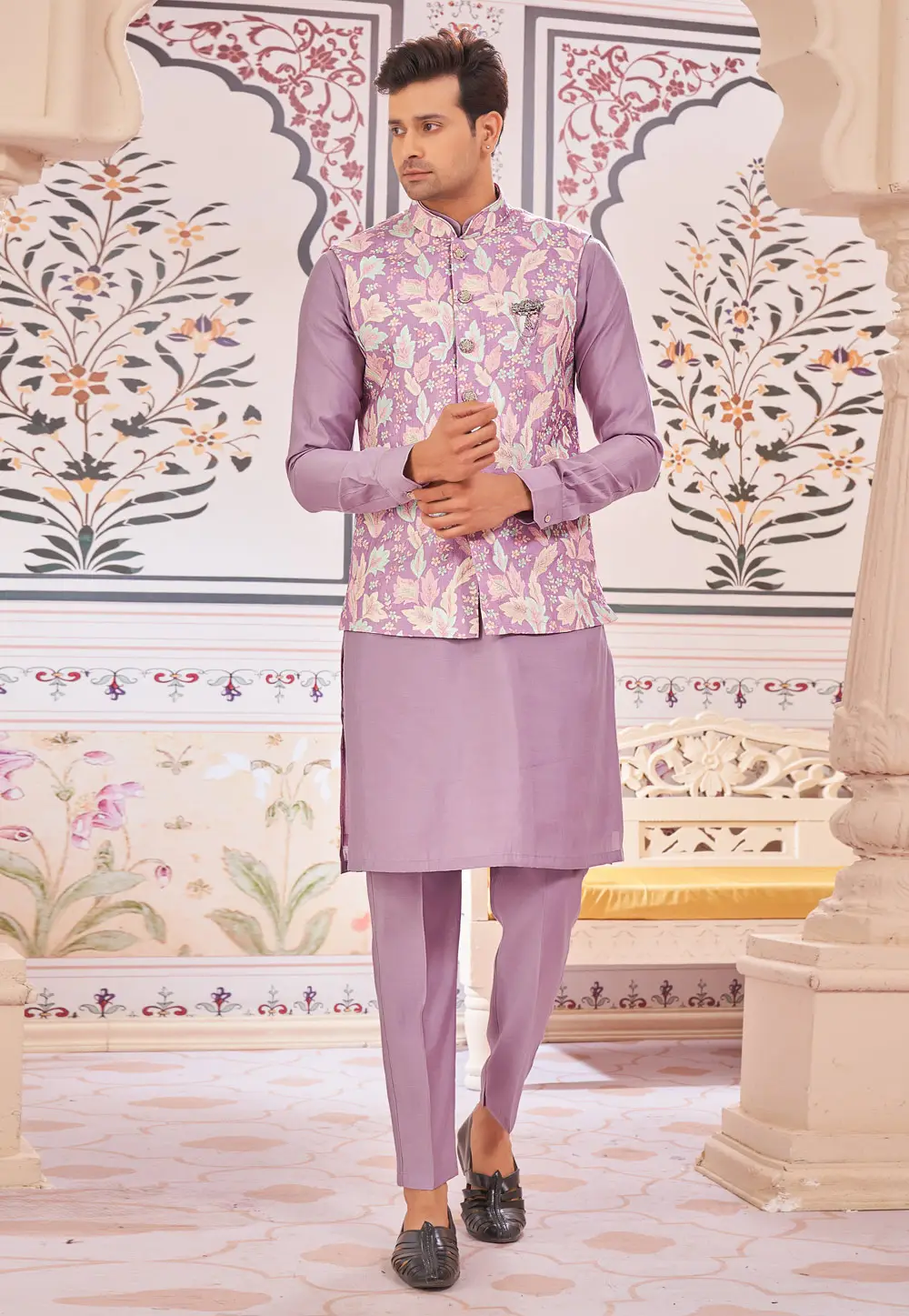 Lavender Art Silk Kurta Pajama With Jacket 296708