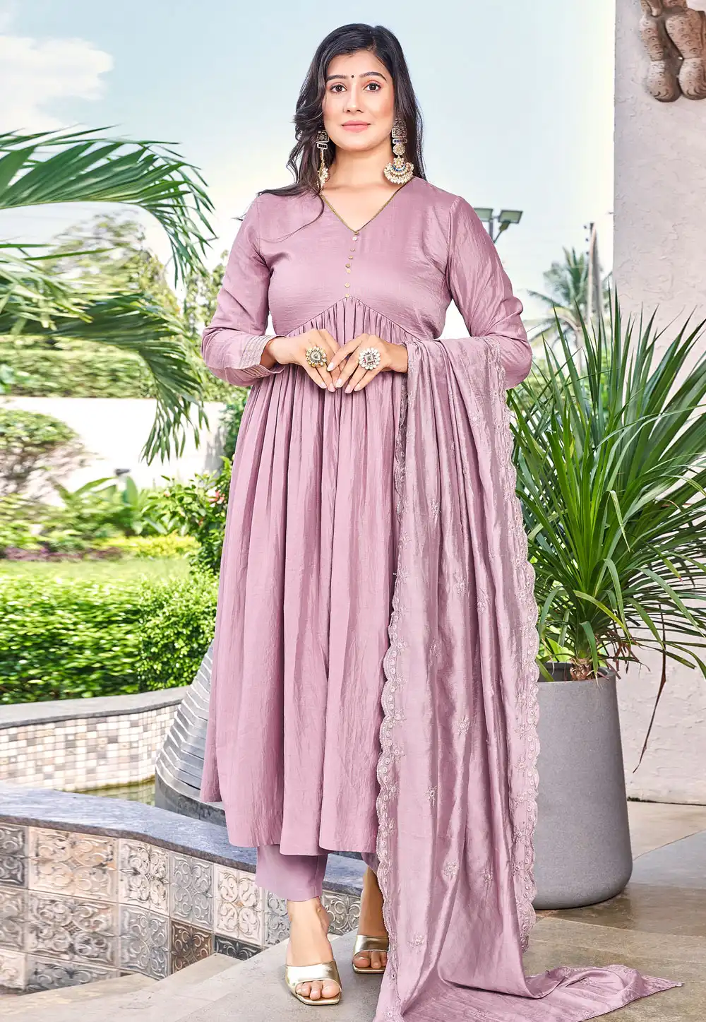 Lavender Art Silk Readymade Anarkali Suit 288369