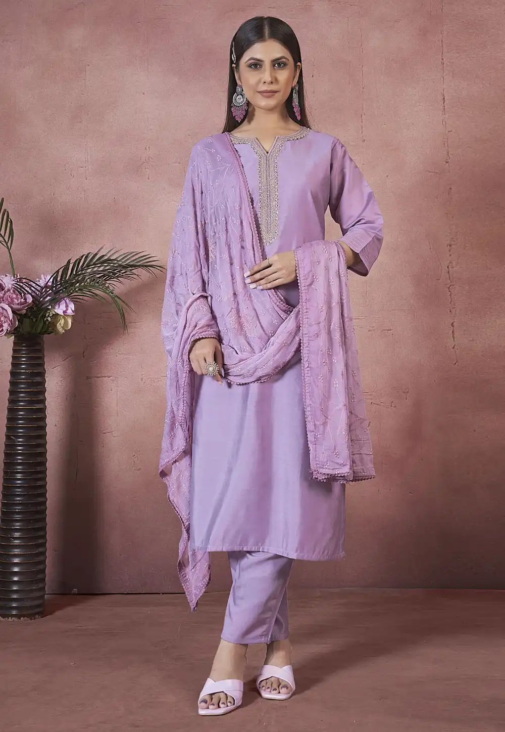 Lavender Art Silk Readymade Pant Style Suit 291154