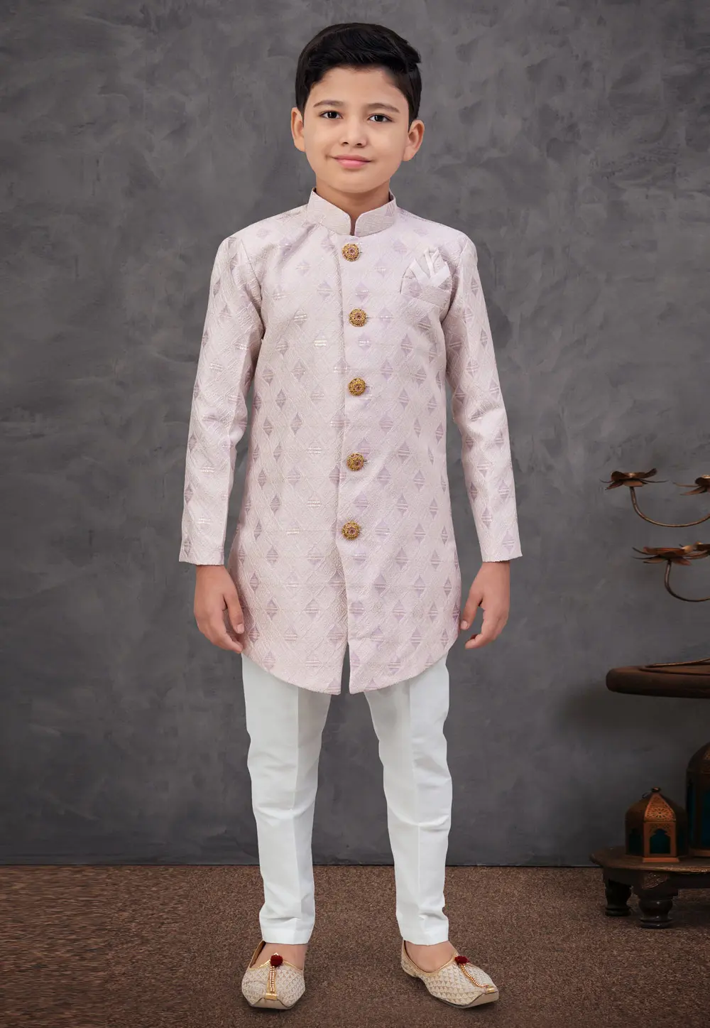 Lavender Banarasi Jacquard Kids Indo Western Sherwani 303776