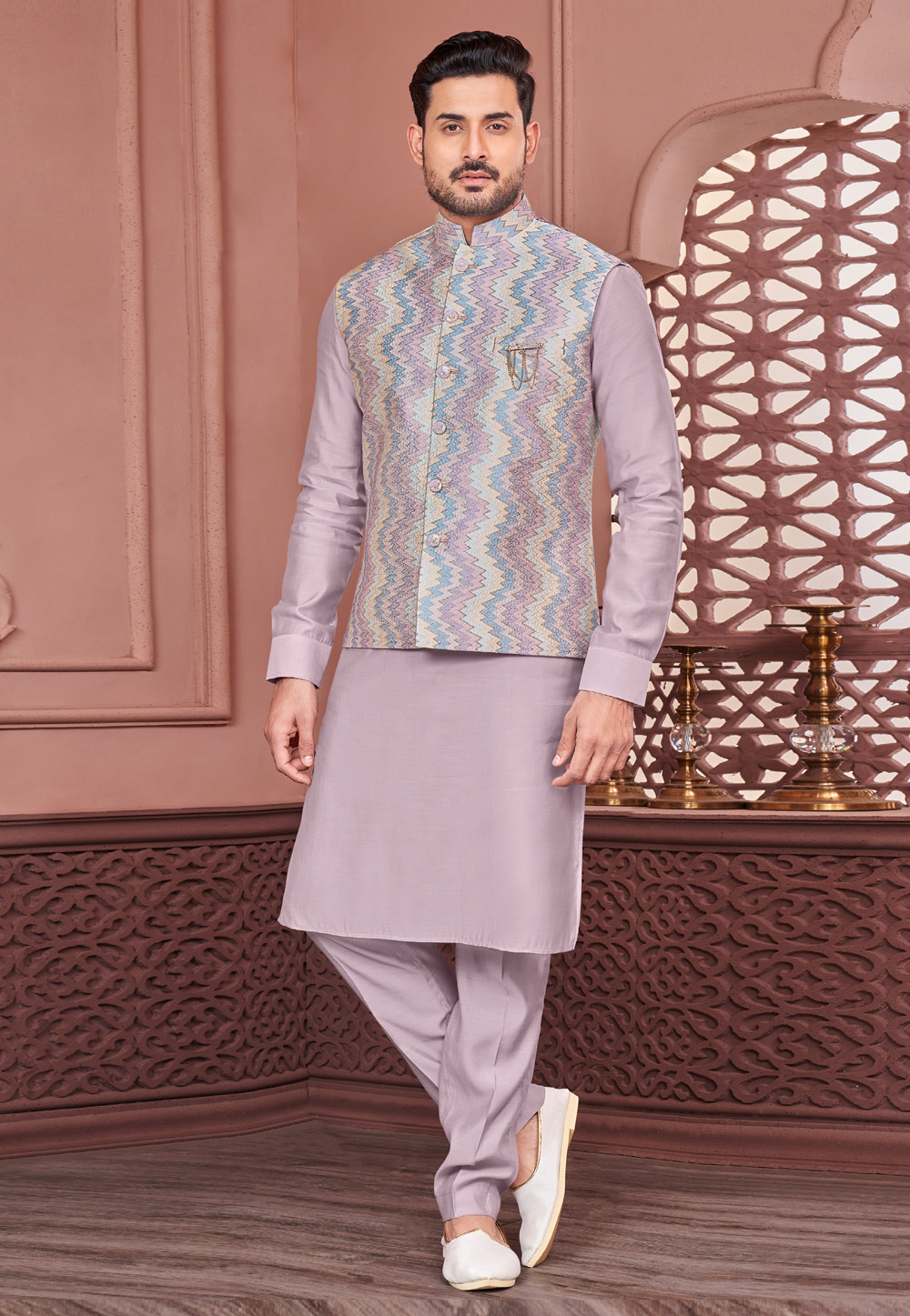 Lavender Banarasi Silk Kurta Pajama With Jacket 278263