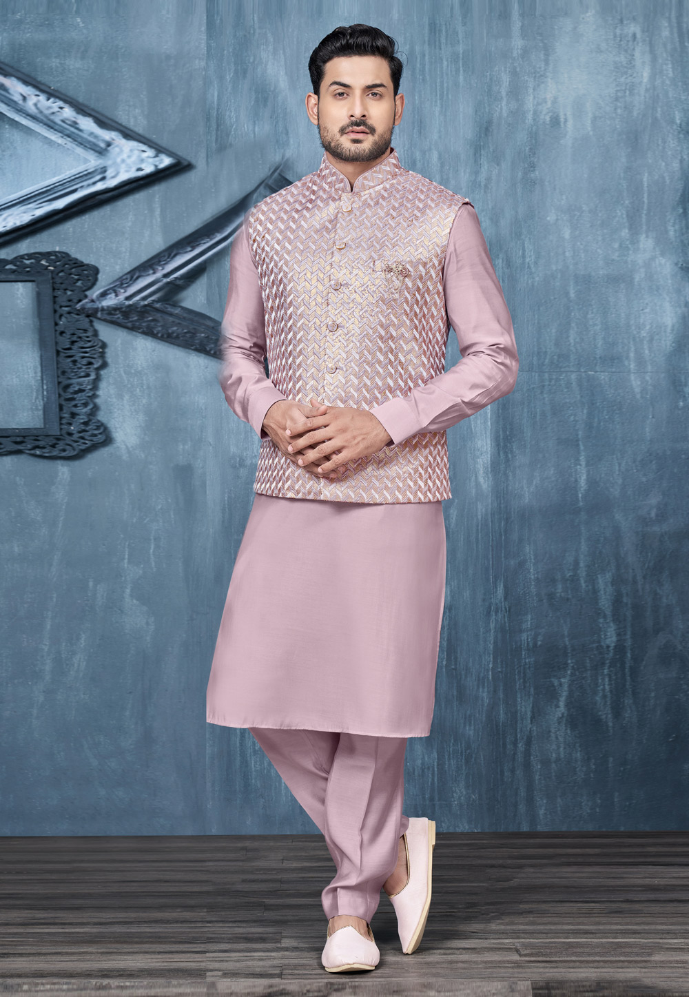 Lavender Banarasi Silk Kurta Pajama With Jacket 278271