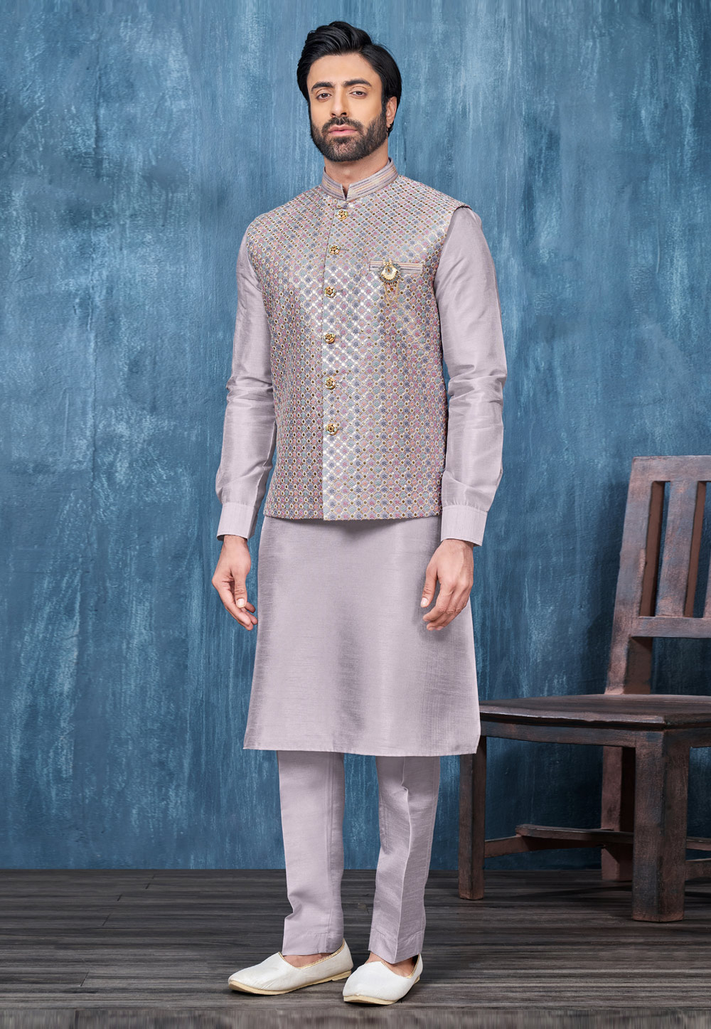 Lavender Banarasi Silk Kurta Pajama With Jacket 278275