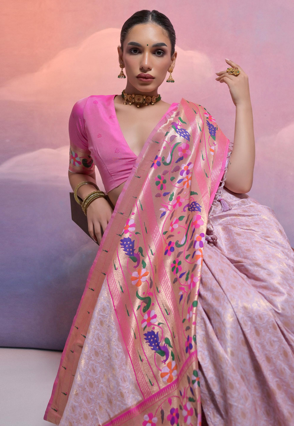 Buy Lavender Color Satin Banarasi Saree with Silver Zari Work At IndyVogue