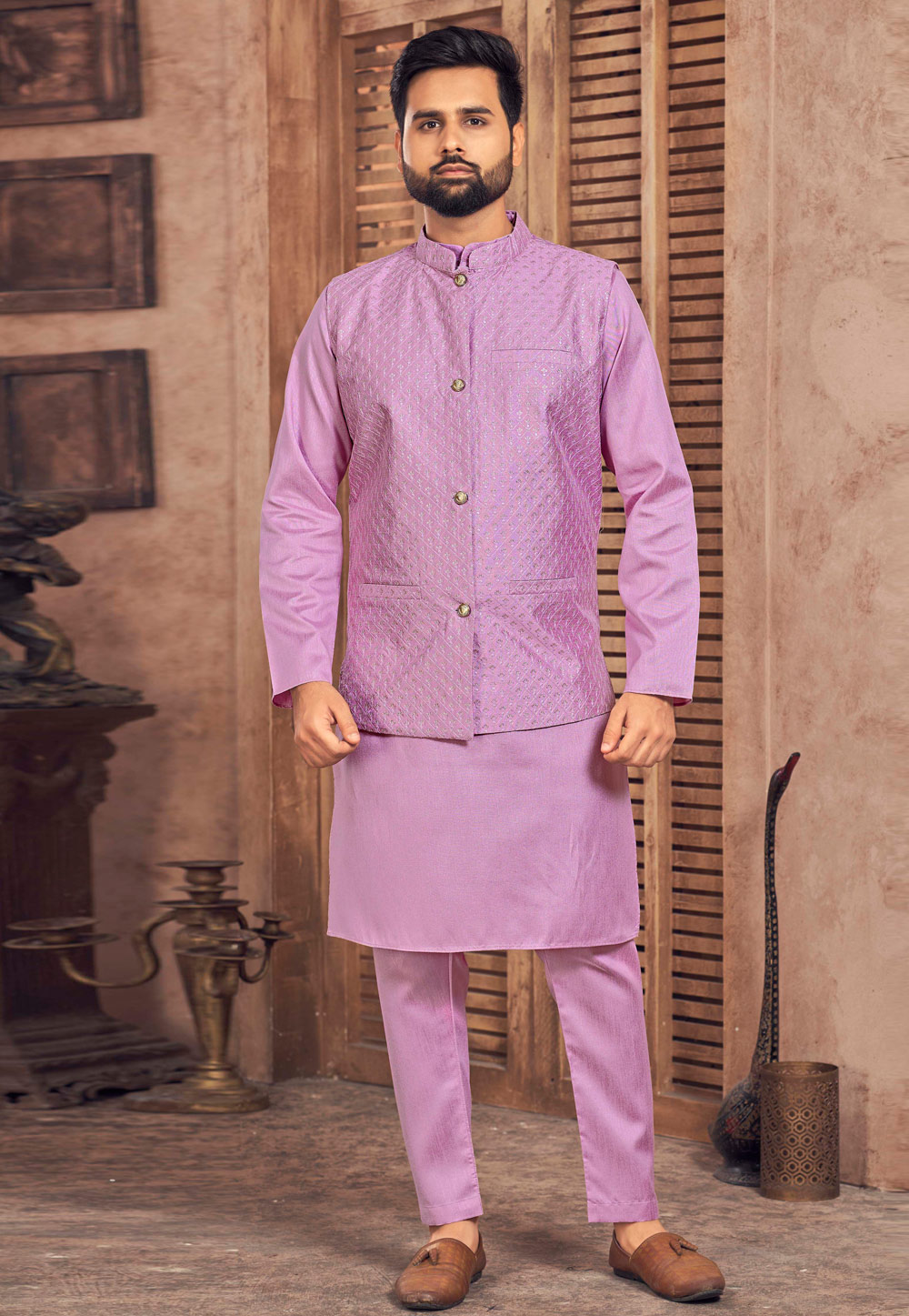 Lavender Banglori Silk Kurta Pajama With Jacket 283872