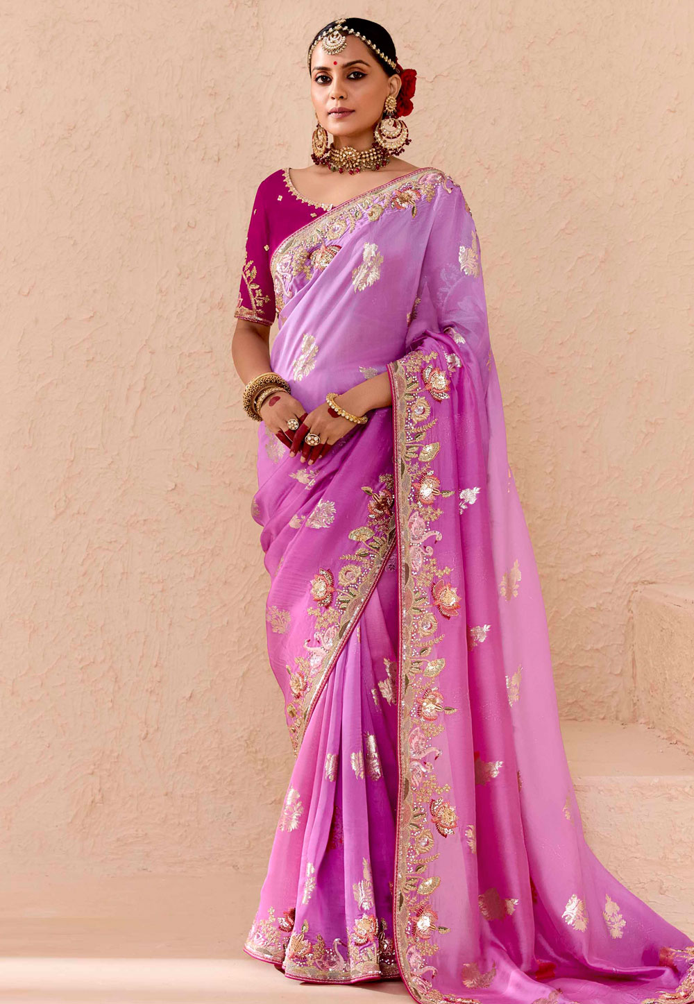 Lavender Bemberg Saree With Blouse 305404