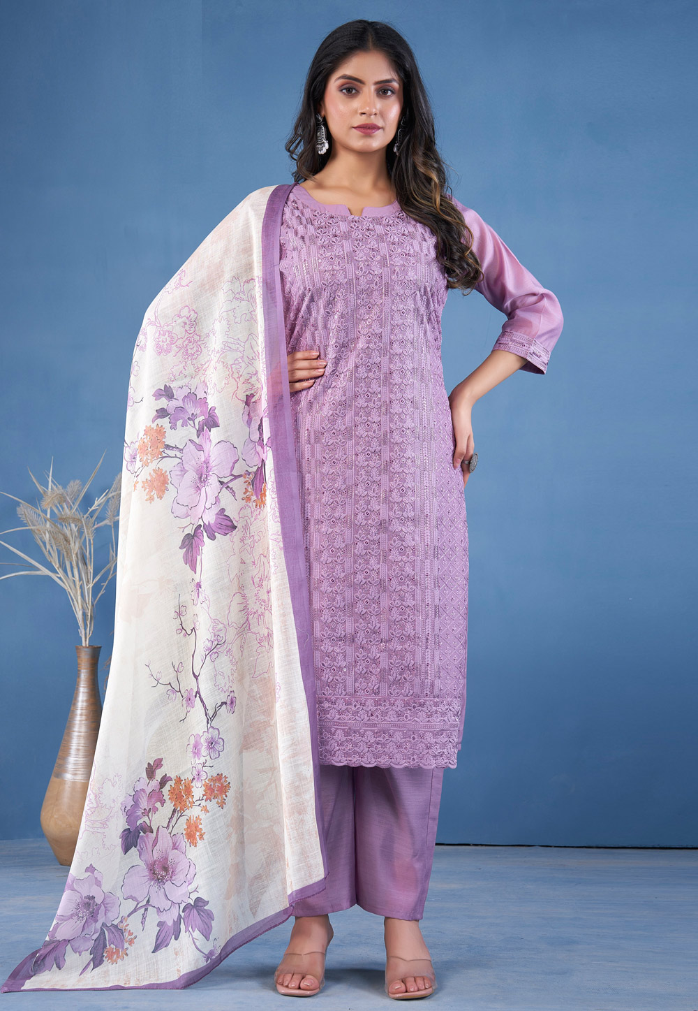 Lavender Chanderi Readymade Pakistani Suit 286425