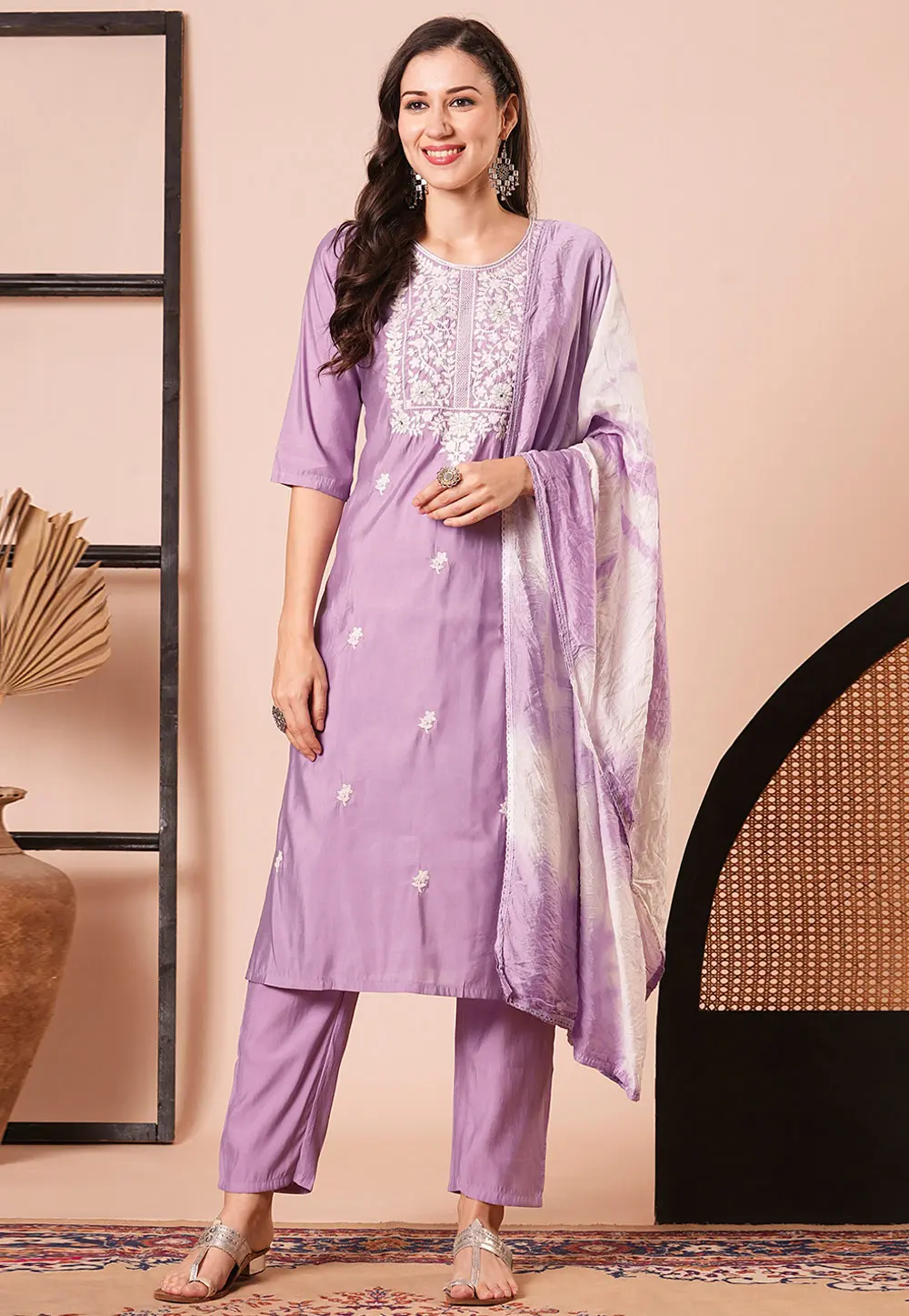 Lavender Chanderi Readymade Pakistani Suit 300097