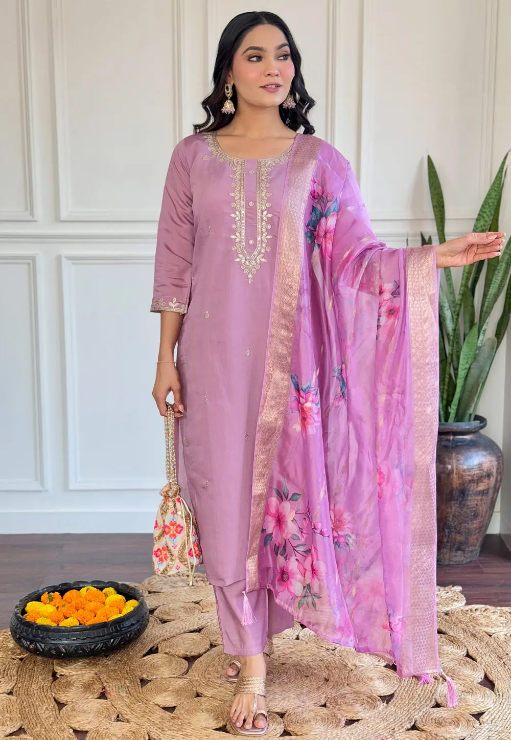 Lavender Chanderi Readymade Pant Style Suit 300330