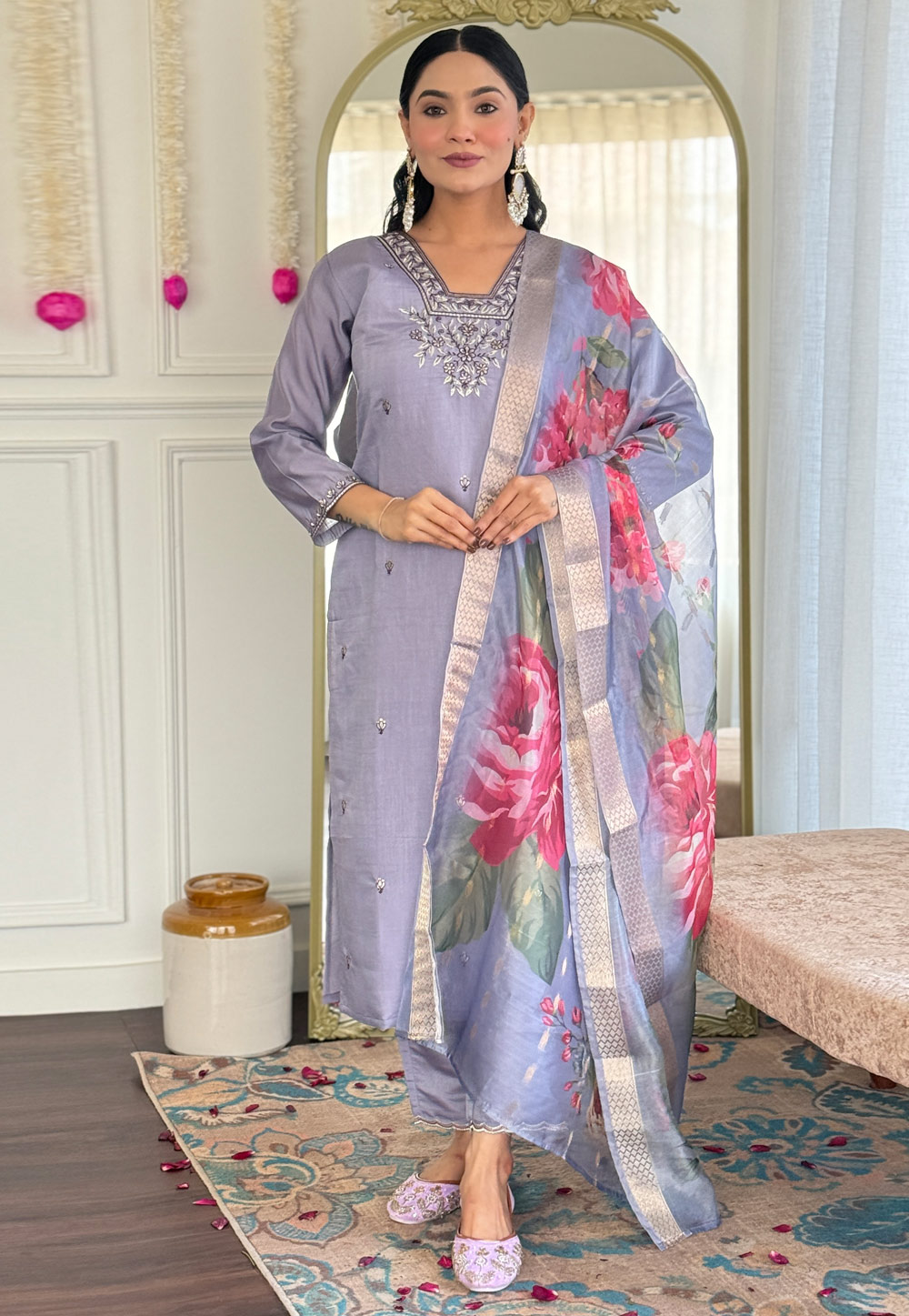 Lavender Chanderi Readymade Pant Style Suit 309468