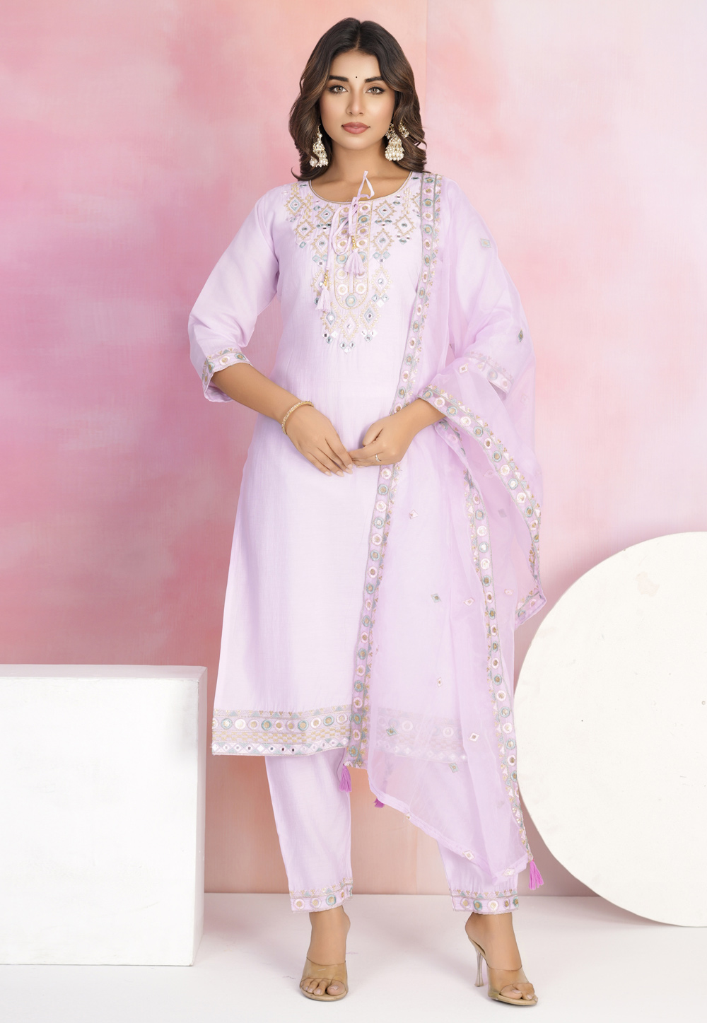 Lavender Chanderi Readymade Pant Style Suit 311075