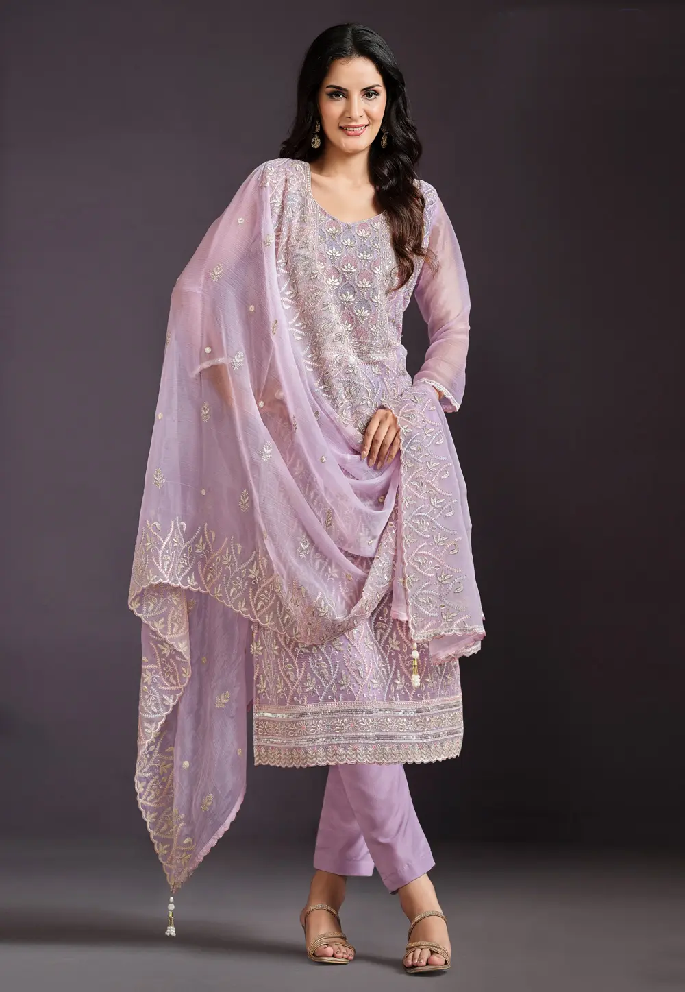 Lavender Chiffon Embroidered Straight Suit 297959