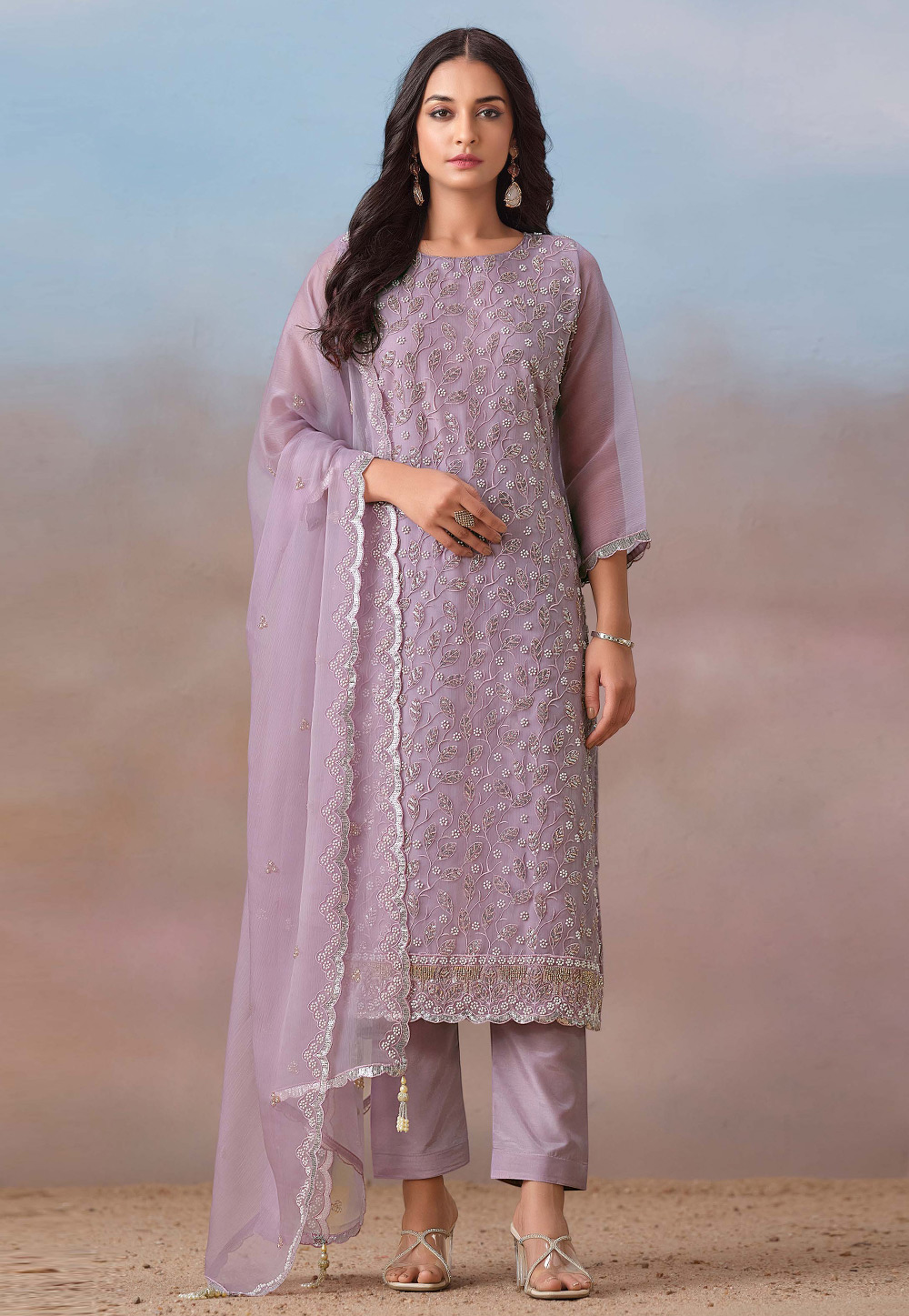 Lavender Chiffon Embroidered Straight Suit 309328