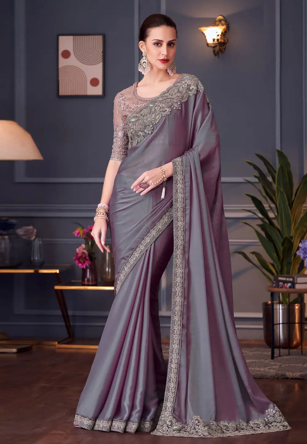 Lavender Chiffon Saree With Blouse 296340