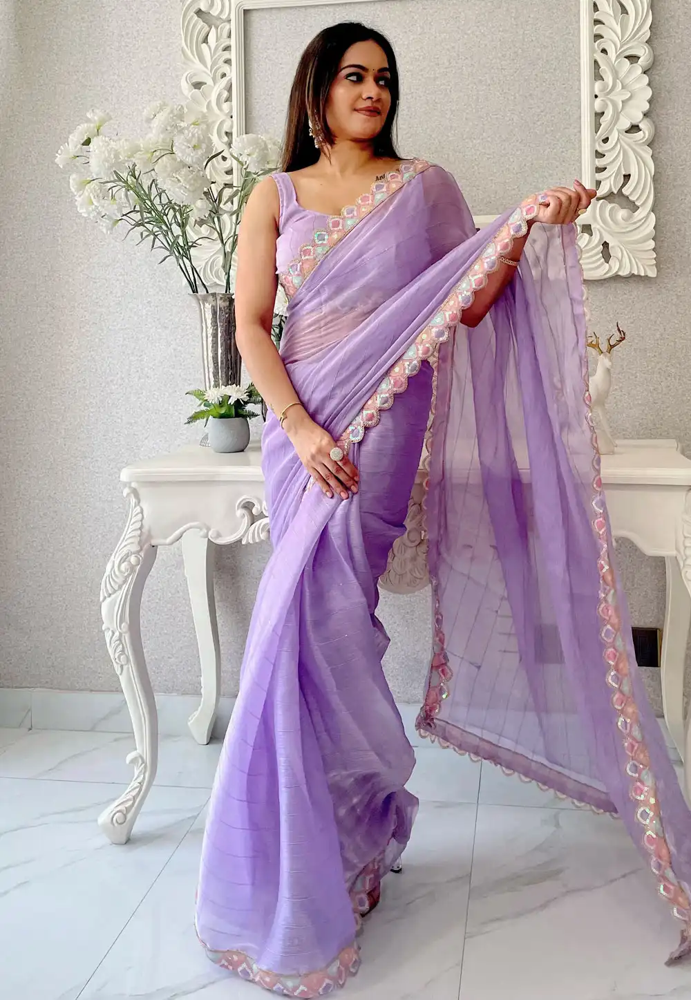 Lavender Chiffon Saree With Blouse 294757