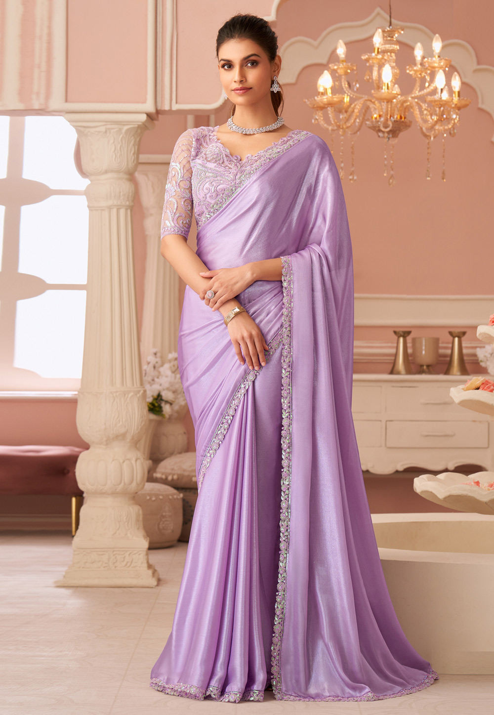 Lavender Chiffon Shimmer Saree With Blouse 306253