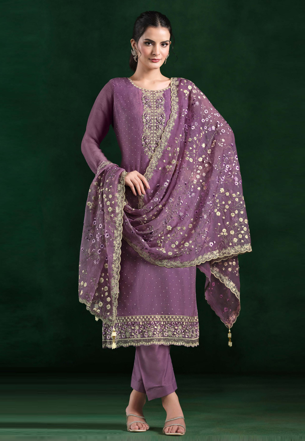 Lavender Chiffon Straight Suit 310938