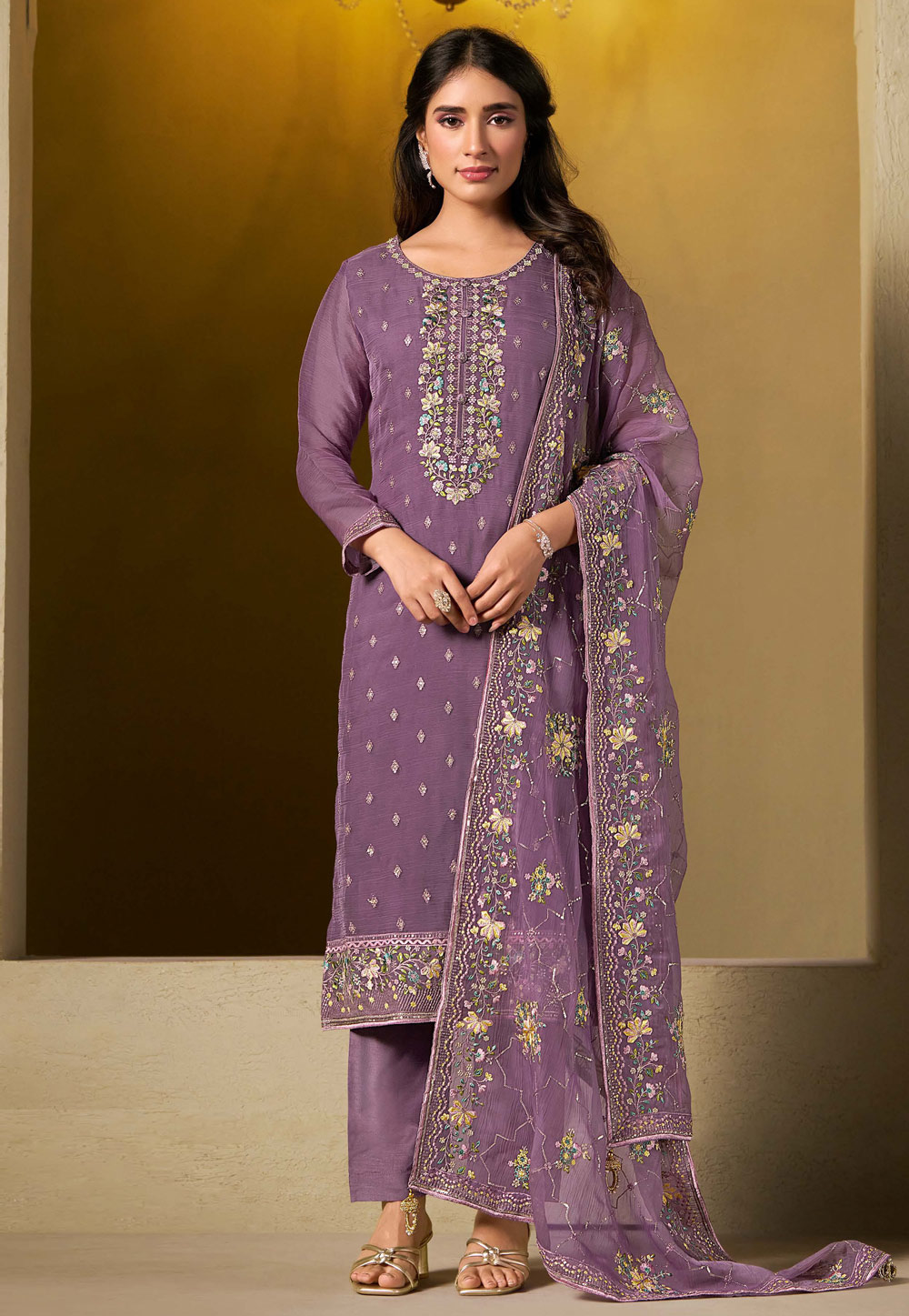 Lavender Chiffon Straight Suit 310932