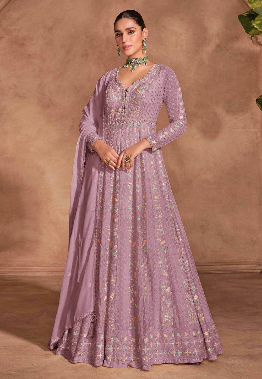 Lavender Chinon Embroidered Anarkali Suit 305733