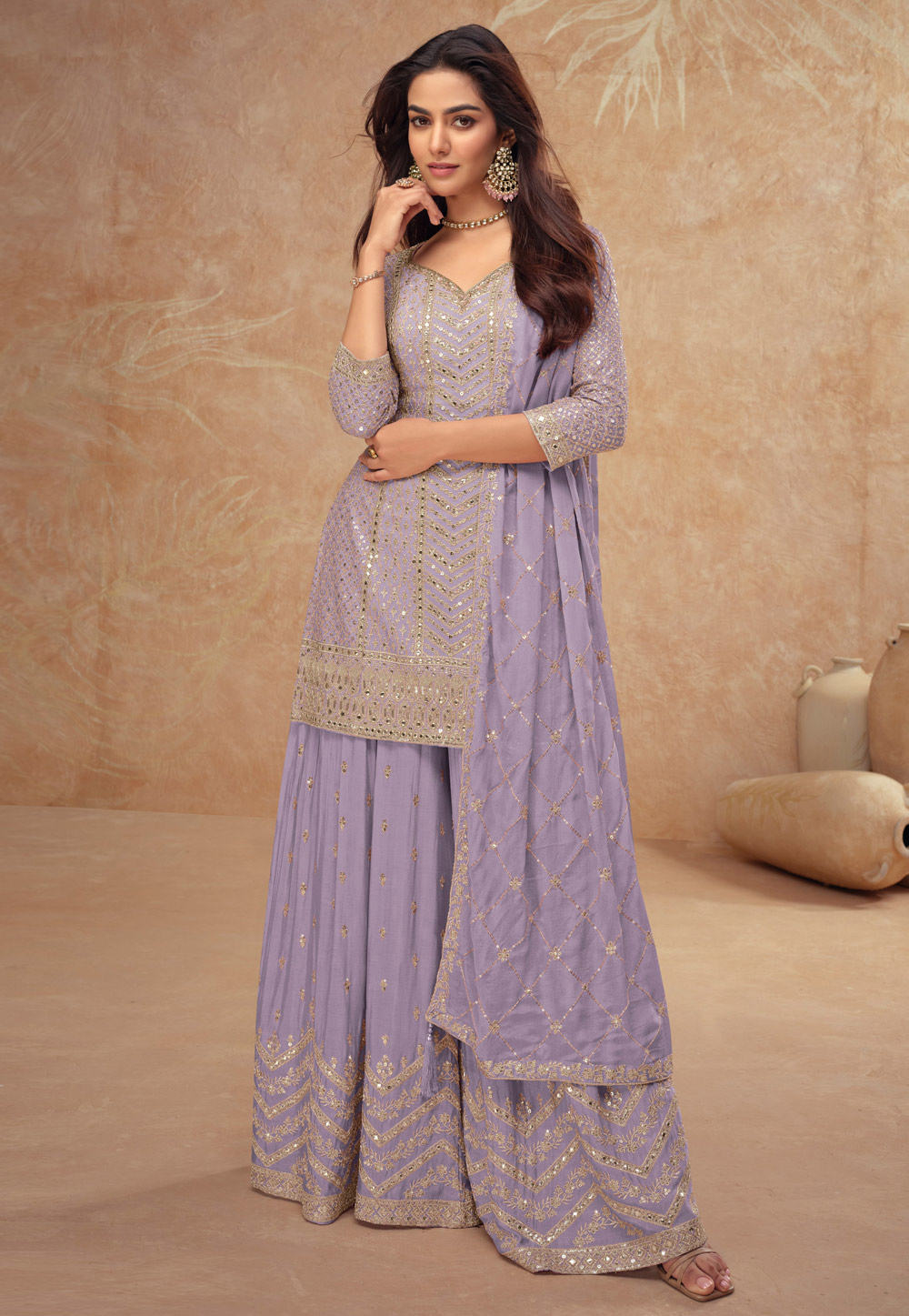 Lavender Chinon Embroidered Pakistani Suit 305715