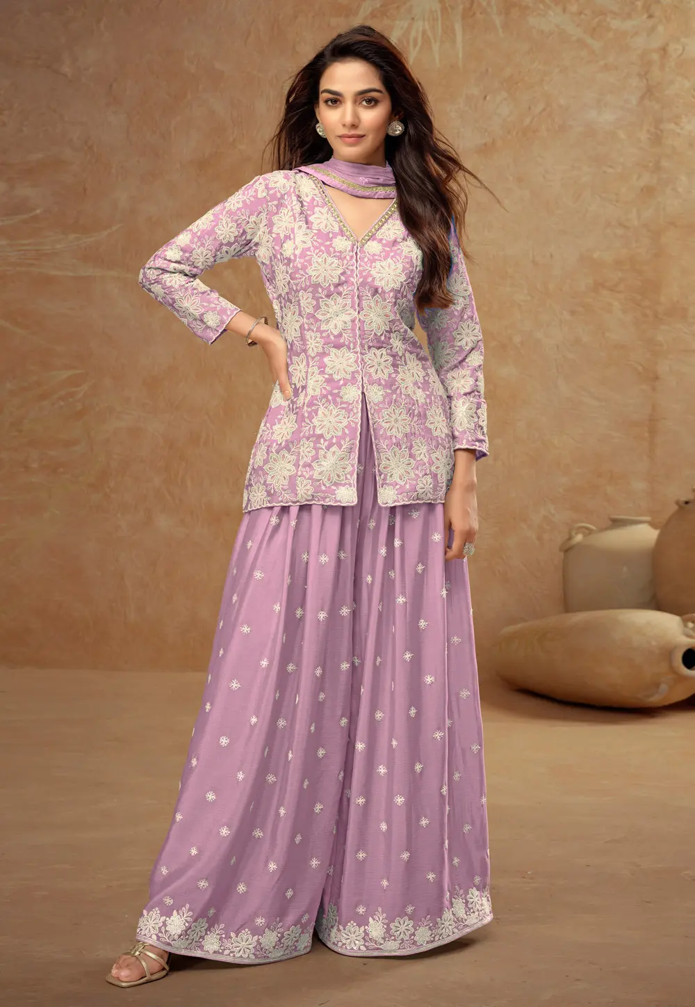 Lavender Chinon Embroidered Palazzo Suit 300883