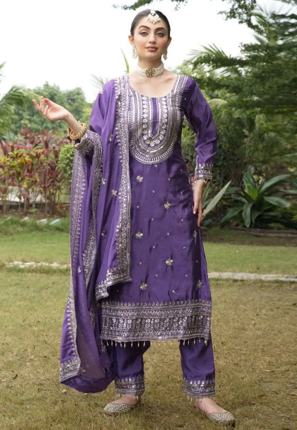 Lavender Chinon Readymade Pant Style Suit 301636