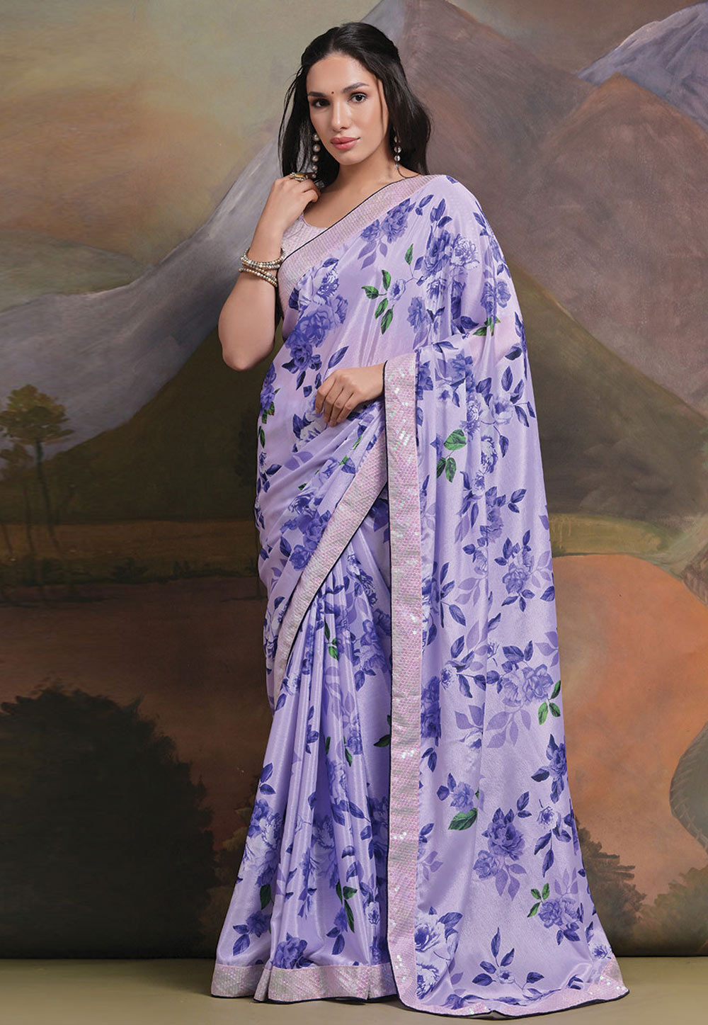 Lavender Chinon Saree With Blouse 279466