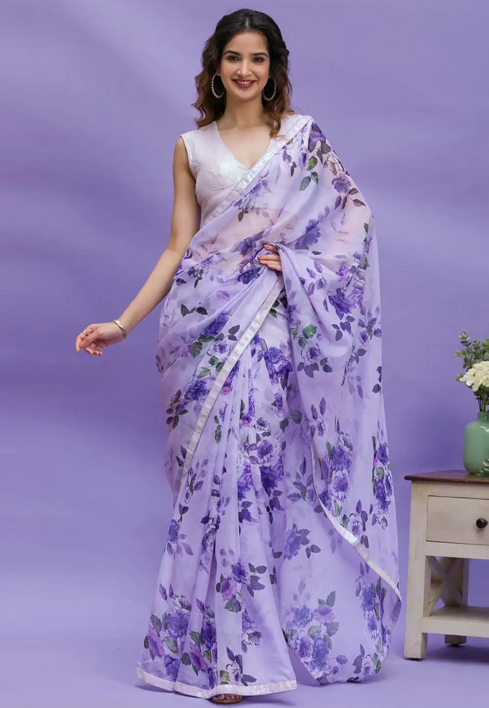 Lavender Chinon Saree With Blouse 291454