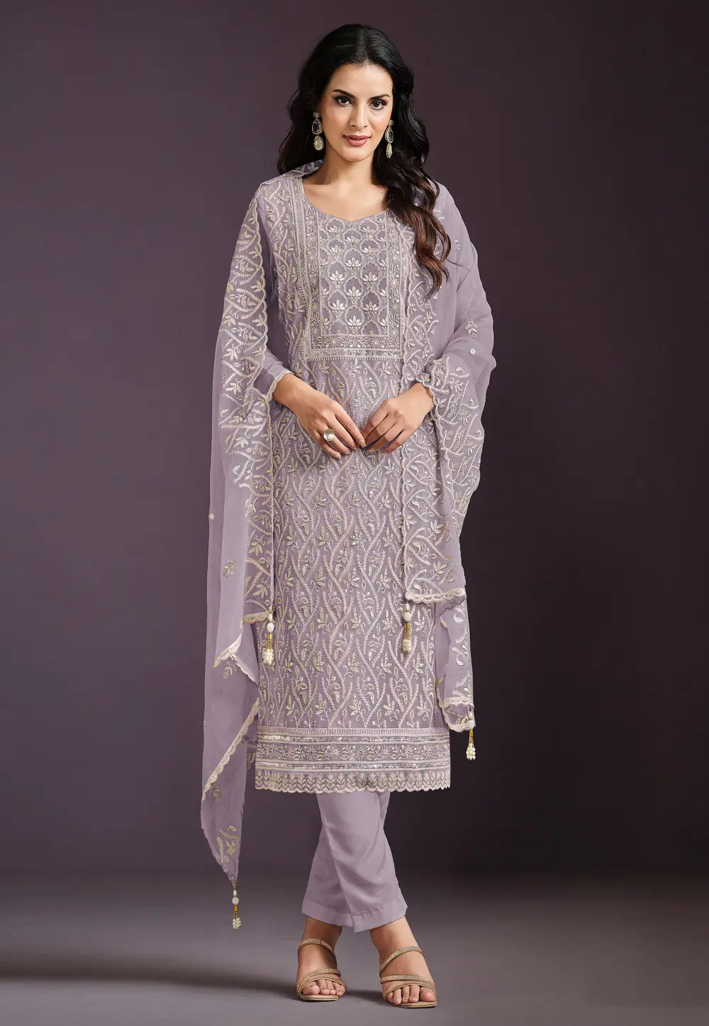 Lavender Chinon Silk Embroidered Pakistani Suit 303892