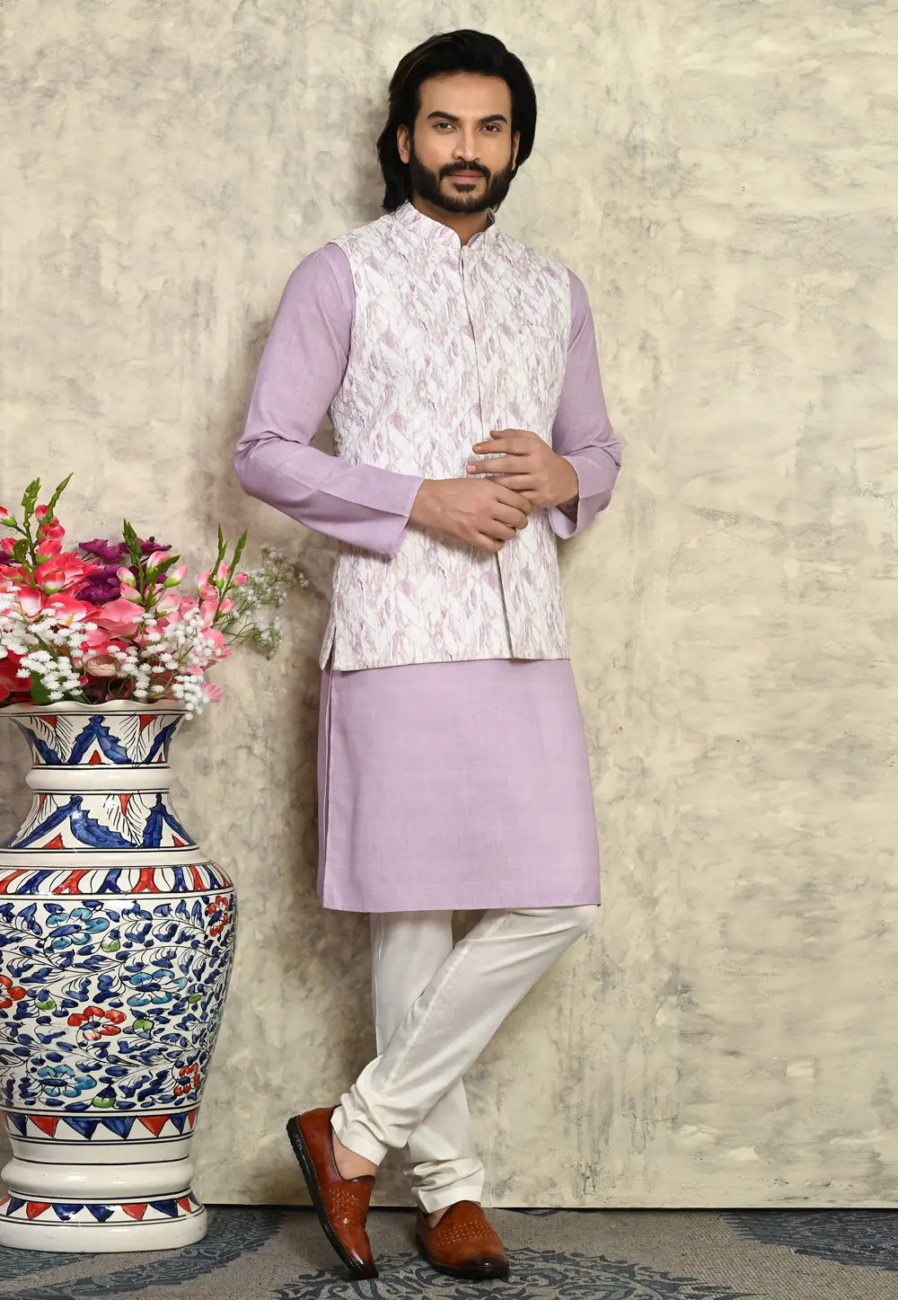 Lavender Cotton Kurta Pajama With Jacket 295427