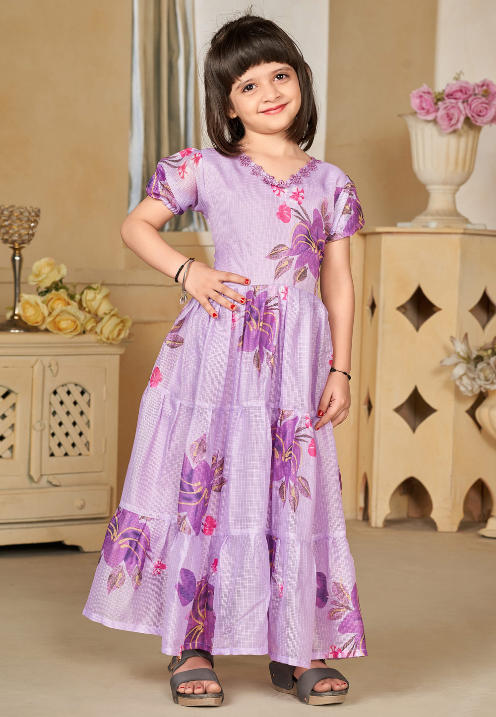 Lavender Cotton Readymade Kids Gown 284484