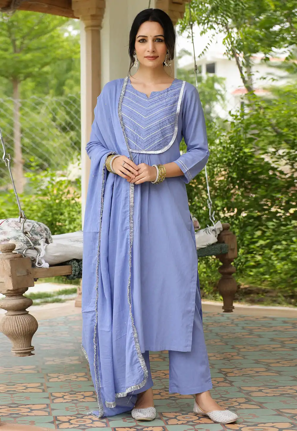 Lavender Cotton Readymade Pant Style Suit 291133